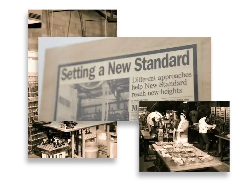 Historical collage showing New Standard Corporation&rsquo;s early manufacturing operations and company growth timeline
